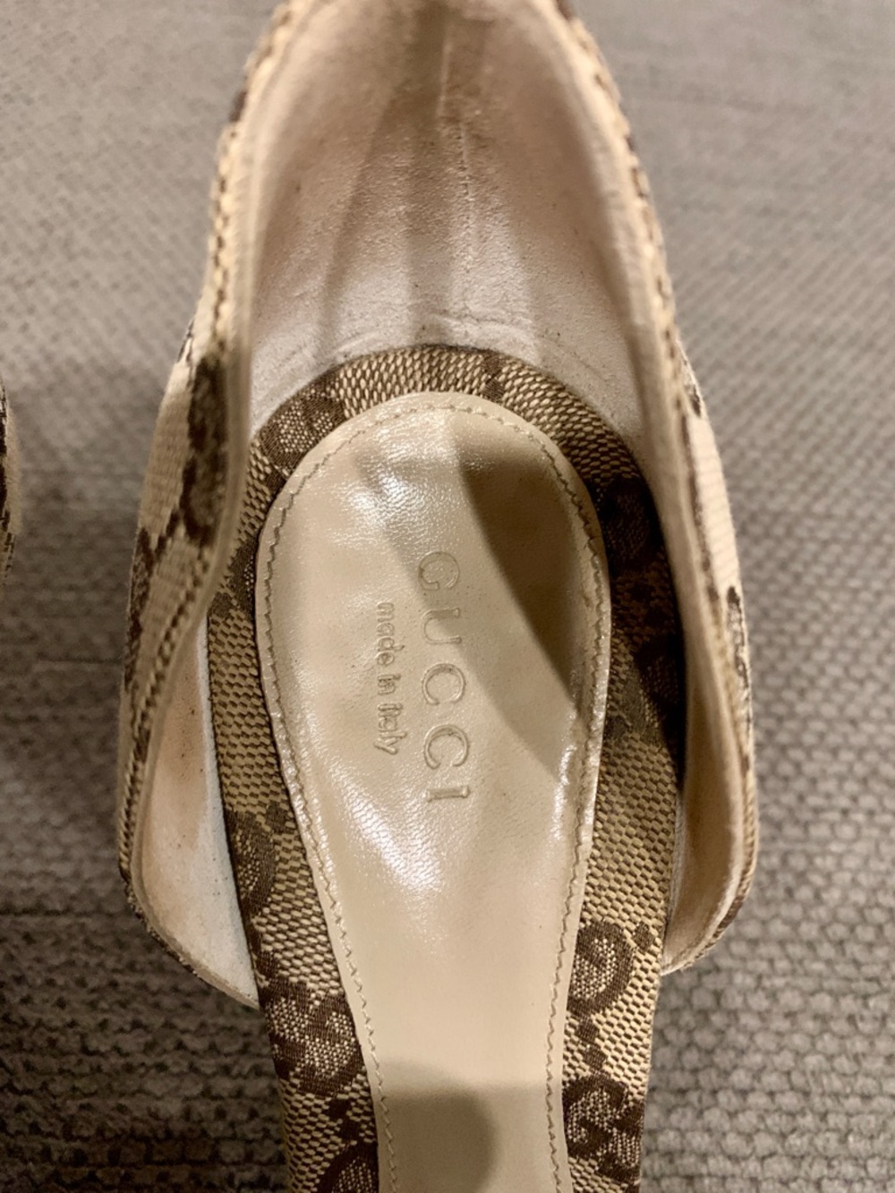 Gucci Beige GG Canvas Horsebit Open/Toe Pumps - Vintage - Picture 5 of 7